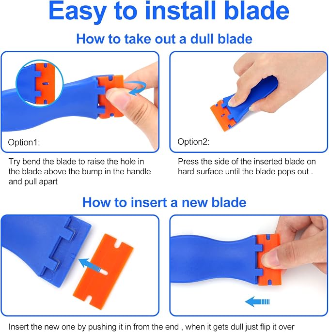 4 Pcs Plastic Razor Blade Scraper and 100 Pcs Blades, Remove Label Decal Tool， Forwithout Scratches Plastic Razor Blade Scraper, Adhesive Remover for Stickers, Gaskets and Paints on Window Car Glass