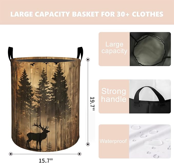 Rustic Deer Forest Laundry Basket Hamper 19.7"x15.8", Organizer Bins Gifts for Kids Boys Girls, Woodland Elk Foldable Waterproof Oxford Clothes Storage Bucket for Bedroom Bathroom Decor