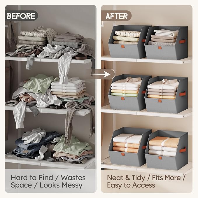 Homsorout Fabric Closet Storage Cubes - 4 Pack Square Storage Bins with Dual Handles for Clothes, Towels, Toys, Cube Storage Organizers for Bedroom, Nursery, Shelves, Closet, Small Spaces, Grey