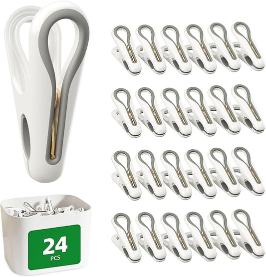 Plastic ClothesPins Heavy Duty Out door 24 Pack with Storage Box, 2.5-Inch Chip Clips with Non-Slip No-Trace Design for Laundry, Drying Clothes,Towels, Crafts, Picture, Food Clips, Home Use and Travel