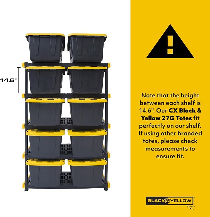 CX 5-Tier Heavy Duty Plastic Storage Shelves for Garage Organization | Freestanding garage utility rack with easy assembly, 5 shelves at 200lbs/Shelf, 72H x 48W x 20D, Black & Yellow, Made in USA