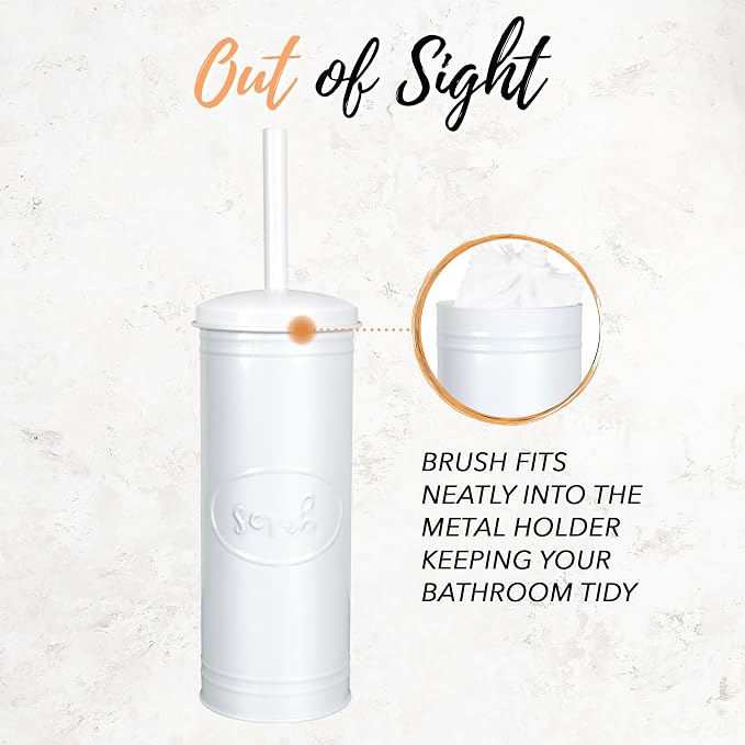 Autumn Alley Metal Toilet Brush with Holder, Farmhouse Bathroom Decor, Galvanized, White