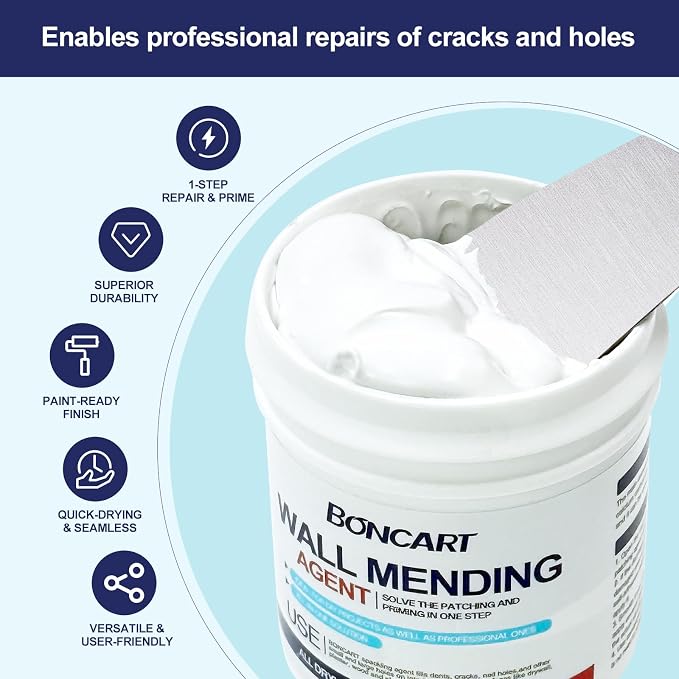 BONCART 17.2Oz Drywall Patch Repair Kit – Professional All-in-1 Tool Set | Includes Scrapers, Sanding Sponge, Texture Sponge, Gloves, Aluminum Patches, And Putty Knife. For Fast Wall Hole Repair