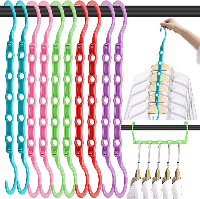 DUCOO Space Saving Hangers 10 Pack, Heavy Duty Magic Cascading Hanger Organizer with 5 Enclosed Anti-Slip Holes, Closet Organizers and Storage for Clothes, College Dorm Room Essentials, Multicolor