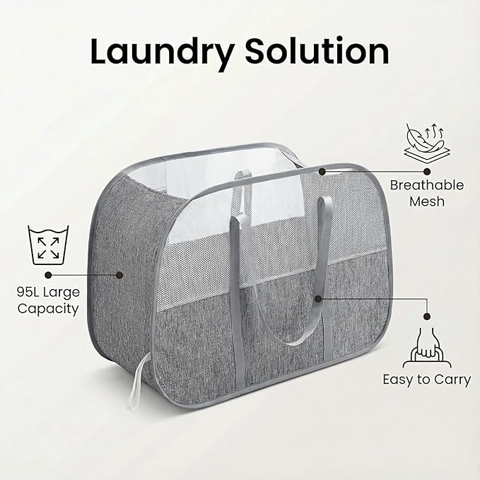95L Collapsible Laundry Basket, Dirty Clothes Hamper | Foldable Laundry Hamper with Handles, Breathable Mesh Design, Sturdy Steel Frame, For Bedroom, Dorm, Bathroom