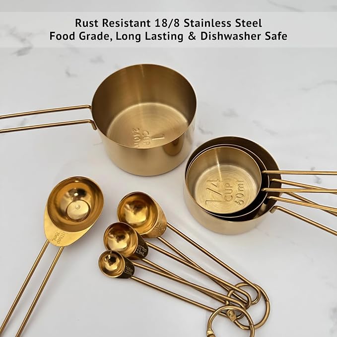 Gold Measuring Cups and Spoons Set, Stainless Steel Measuring Cups, 8 Piece Gold Kitchen Measuring Set, Engraved Measurements, Durable Nesting Design