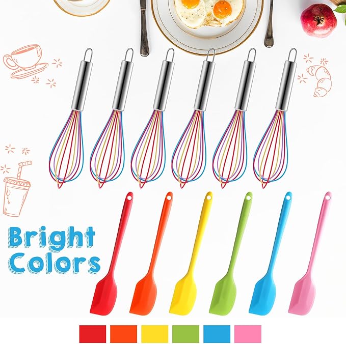 Baderke 48 Pcs Small Silicone Spatula and Whisks Set Bulk for Cooking Mini Whisk Spatula Non Stick Flexible Kitchen Mixing BakingTool Cookware for Cooking Party Favor Gift Supplies (8 Inch)