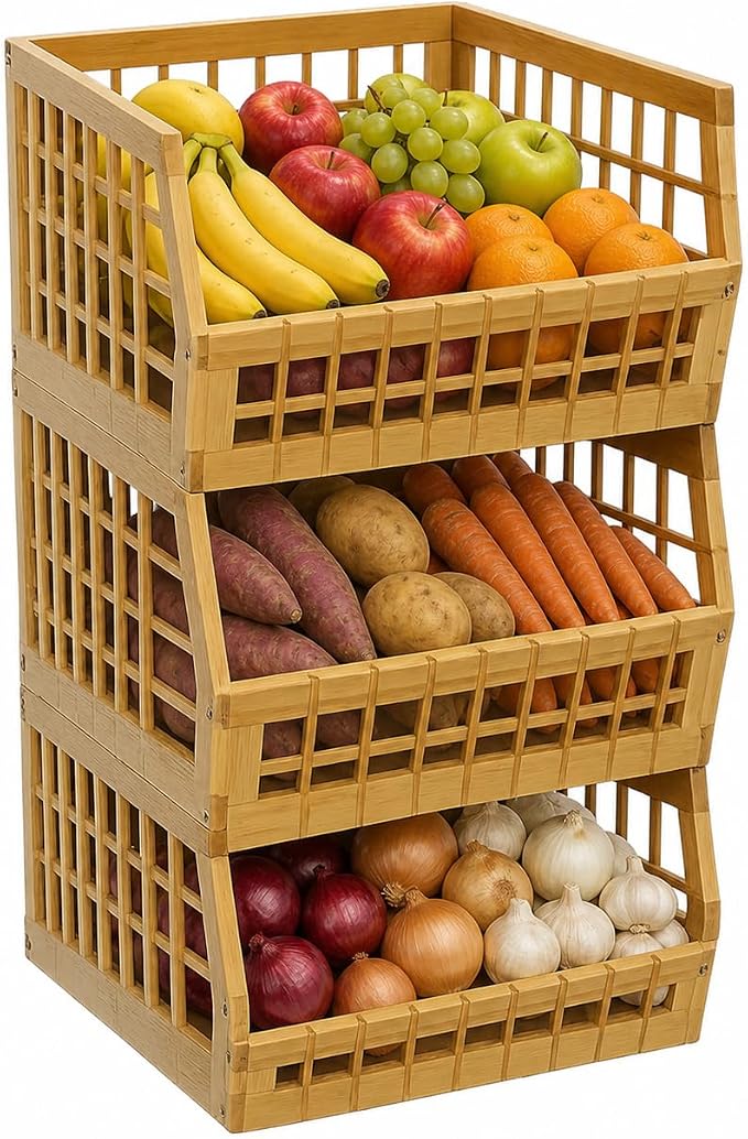 Bamboo Stackable, Open Front, Large Storage Bins - Lattice Design Set of 3