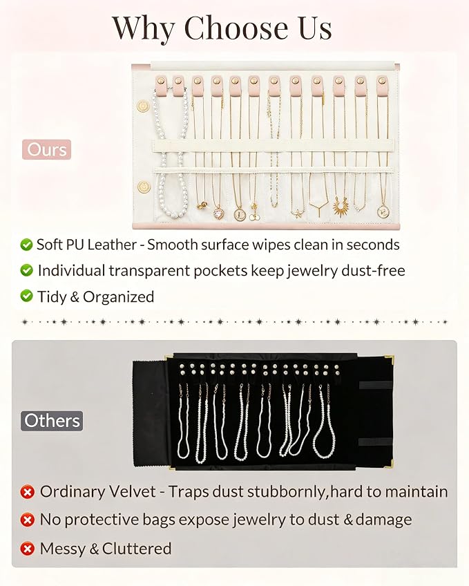 Lolalet Travel Necklace Organizer, Foldable Jewelry Case, Pink, 12 Slots | Tangle-Free, Roll Up, PU Outer, Velvet Lining, Space-Saving, for Chains Bracelets, Gift for Women Girls Daughters Friends