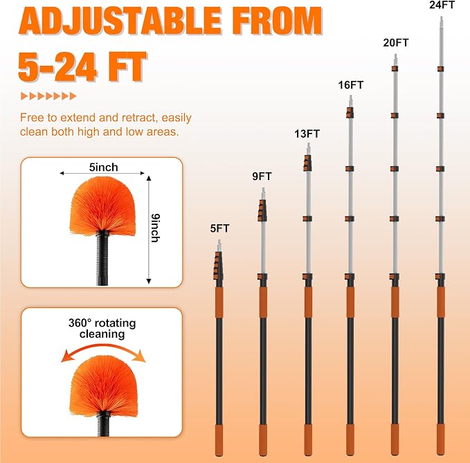 LAANPOLE 24FT Cobweb Duster with Extension Pole, Spider Web Brush for Cleaning Extendable, Professional Ceiling and Corner Dusters for Outdoor Indoor Use