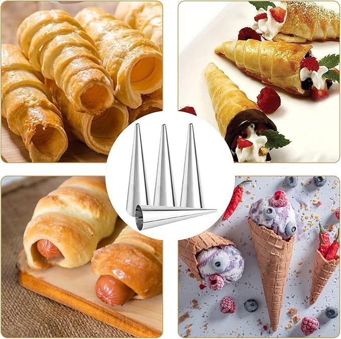 20Pcs Large Conical Cream Horn Molds, Non-stick Cream Horn Molds Stainless Steel, 5 inch Large Size Cannoli Tubes Kit Pack of Baking Cones Pastry Roll Horn Croissant Mold With brush