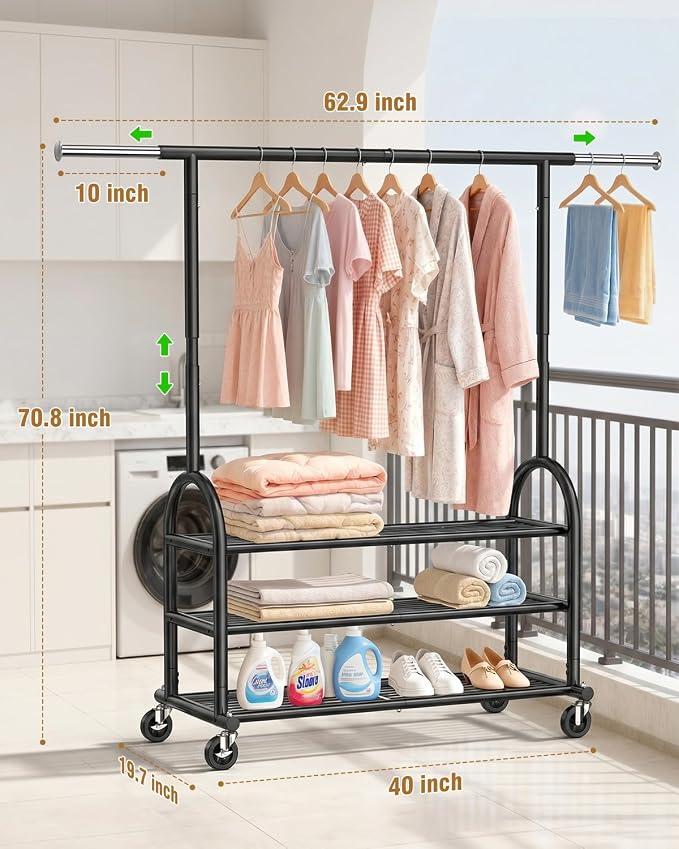 EAGMAK Heavy Duty Clothes Rack for Hanging Clothes Load 688 LBS, Height Adjustable Rolling Clothing Racks, Portable Metal Coat Rack Garment Wardrobe with Wheels and 3 Shelves for Bedroom, Black