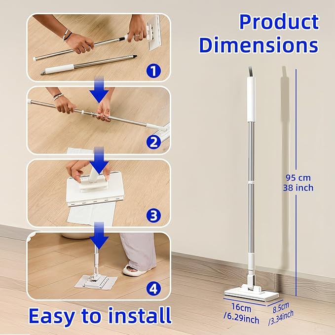 Snap Grip Mini Mop for Tight Spaces – 39in Compact Handle, One-Click Zero-Touch Cloth Change Flat Map, Compatible with Tissues/Wipes/Old Cloths/Disposable Pads, Wet/Dry Cleaning (10 Reusable Cloths)