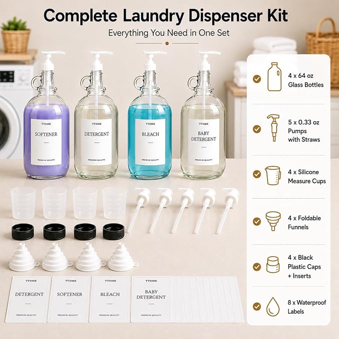 4 Pack Glass Laundry Detergent Dispensers, 64 oz Half Gallon Bottles | Complete Laundry Organization Set with Glass Bottles, Pumps, Labels, Funnels and Measuring Cups.