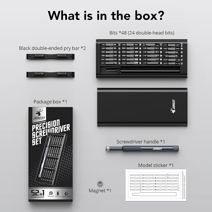 JOREST 52-IN-1 Precision Screwdriver Set, Mini Repair Tool Kit with Torx for Macbook, Computer, Laptop, iPhone, PS5, Xbox, Switch, Glasses, Watch, Ring Doorbell, Electronic, Small Gift Gadget for Men