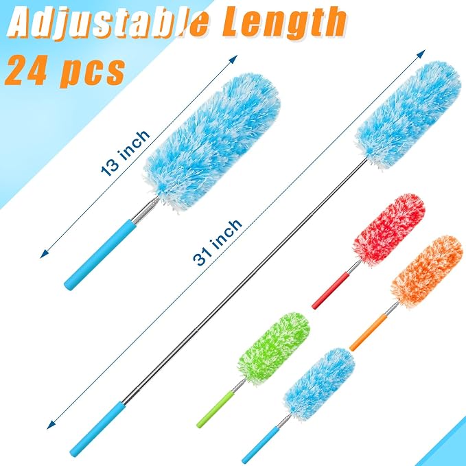 Tanlade 24 Pcs Microfiber Feather Duster for Cleaning, Extendable 13-31 Inch Ceiling Fan Duster with Bendable Head, Washable Tools for Ceiling Fans, Furniture, Car, Cobwebs (Bright Color)