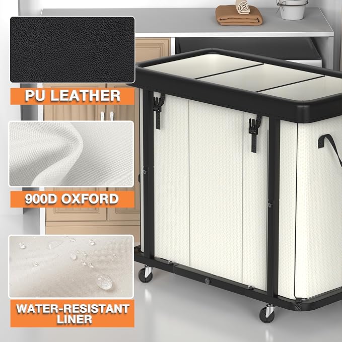 Laundry Basket with Wheels, 230L(60Gal) Laundry Sorter 3 Section - Beige | Leather Patchwork Laundry Hamper, Sturdy Metal Frame, Removable Washable Bag, Tall Clothes Sorter for Bedroom