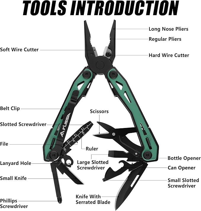 FLISSA 16-In-1 Multi-Tool Pliers, EDC Multitool, Multipurpose Tool, Green | Gift for Men, Stainless Steel, Pocket Knife, Belt Clip, Oxford Pouch, Safety Locking, For Camping, Survival & Outdoor
