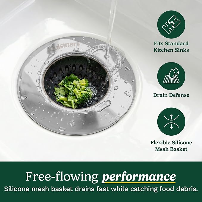 Cuisinart 2 Piece Sink Set – Sink Drain Strainer with Stainless Steel Rim & Silicone Mesh Base & Sponge Holder for Kitchen Sink, Metal Caddy with Triple Suction Cups, Daily Kitchen Essentials