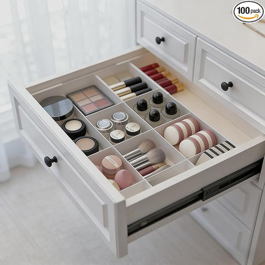 Retractable Drawer Storage Box - 6 Detachable Dividers with 2.04 Inch Shallow Drawer Height PET for Kitchen Utensils, Cosmetics, Office Supplies Storage (10.43 Inch L,20.27 Inch)