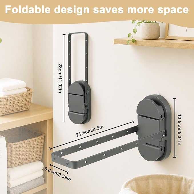 Folding Clothes Drying Rack with 12 Clips-Heavy Duty Dual Suction Cup Towel Bar for Bathroom Tile, Shower Glass | Space Saving Portable Laundry Hanger for RV, Apartment