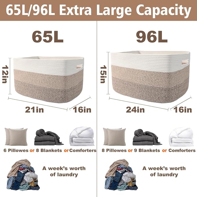 JMvicyroam 96L Large Woven Cotton Rope Blanket Basket, White&Brown | Blanket storage for living room or bedroom use, Freestanding with reinforced handles, Entire basket is machine washable