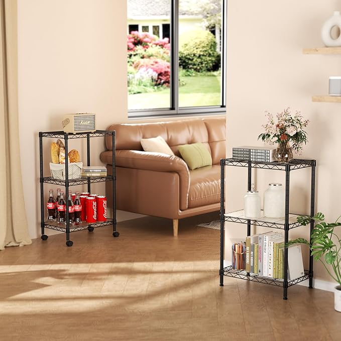 SINGAYE 3 Shelves Storage Shelf Wire Shelving Unit Metal Adjustable Wheels | Small Shelf Storage with Wheels Organizers Closet Unit for Bathroom Laundry Room Kitchen Pantry11.5D x 17.5W x 30.5H Black
