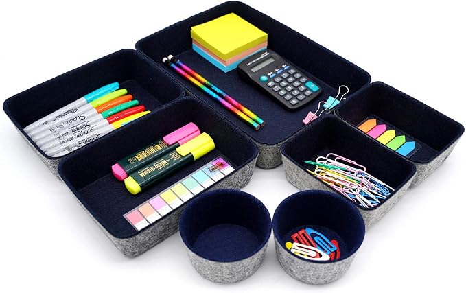Welaxy Desk Drawer organizer felt trays desktop storage bins dividers for office supplies Nightstand sort catchall entryway key holder decluttering 7-piece (Navy)