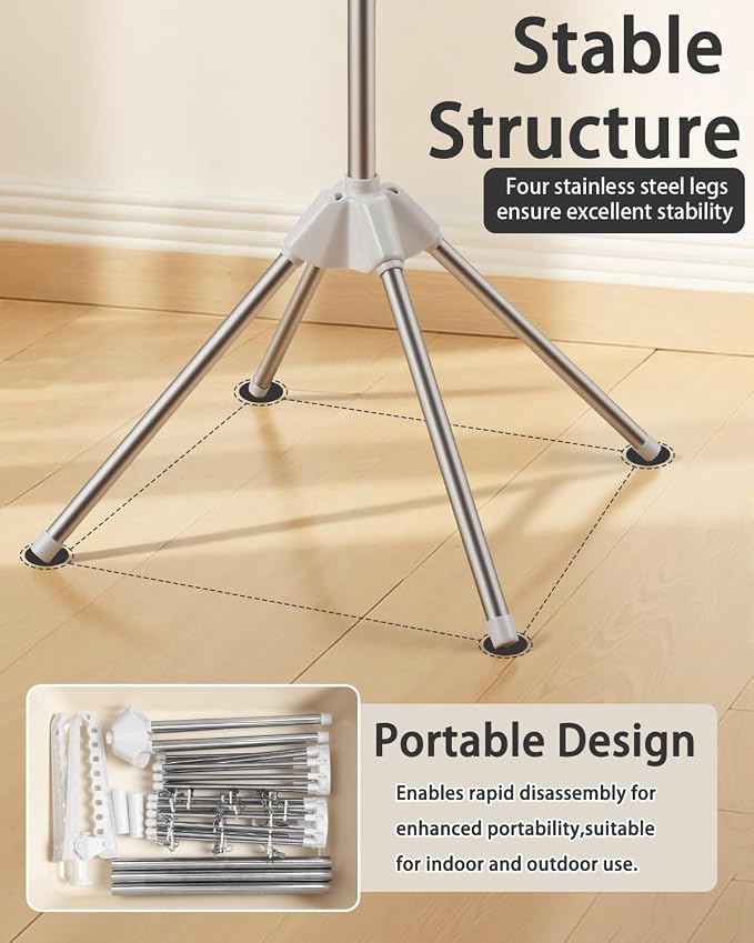 Foldable Clothes Drying Rack, 3 Tier Portable Laundry Drying Rack | 64" Drying Rack, Rotating Clothes Rail with 30 Clips,10 towel sticks and 3 Rotatable Arms, Flats, Small Rooms, Dorm