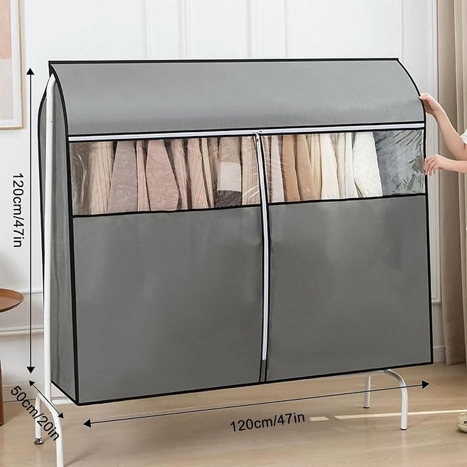Clothing Rack Cover, Hanger Covers, Non-Woven with 3 Way Zipper, Large Transparent Window, Top Seal for Single Pole Clothes Drying Rack(Gray,120x50x120cm/47x20x47in)