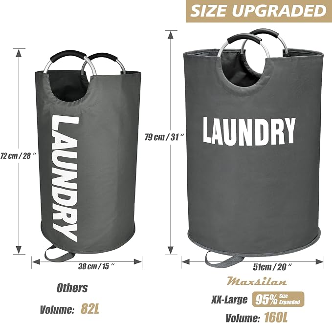 Maxsilan 160L XX-Large Laundry Basket Bag, Collapsible Hamper, Dark Grey | Freestanding tall laundry bag & foldable washing basket. Extra large clothes storage bin with durable sturdy handles
