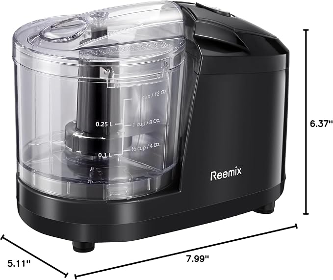 Reemix 1.5-Cup One-Touch Electric Food Chopper, 100W Mini Food Processor Meat Grinder, Mix, Chop, Mince and Blend Vegetables, Fruits, Nuts, Meats, Stainless Steel Blade (Black)
