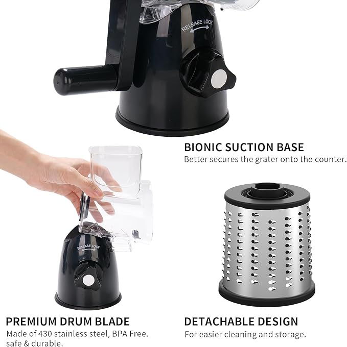 JIUMEXES Rotary Cheese Grater | Hand-Crank Design, 3 Interchangeable Blades, Suction Base, Stainless Steel