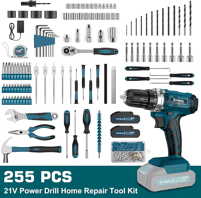 Sundpey 255-PC Portable Home and Auto Tool Kit Set with 21V Cordless Drill | with Drawer Storage Case, 2x2.0Ah Batteries,Mechanic Set, for Handyman & Men Women, for Household House Garage Apartment Dorm