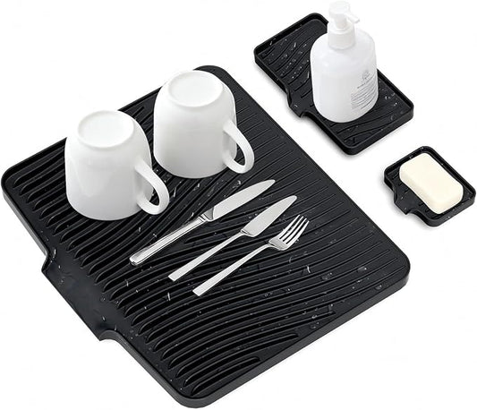 Silicone Dish Drying Mat for Kitchen counter, 15.8"x13" Extra Large Non-Slip Drain Pad with Built-in Drainage, Heat Resistant Dishwasher Safe, Black