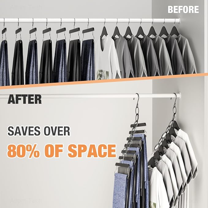 NiHome Clothing Chain Hangers 10-Pack, Space Saving Metal Closet Organizer | Portable 7-Loop, Safety Cap, Collapsible & Wrinkle-Free For Travel, Dorm, RV, Black