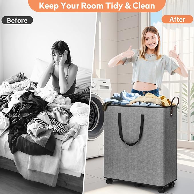 SpaceTrove Rolling Laundry Basket with Wheels, Laundry Hamper, 136L, Grey | Collapsible, 6 detachable wheels including 2 with brakes, sturdy handle, metal frame, for dorms, bathrooms and bedrooms