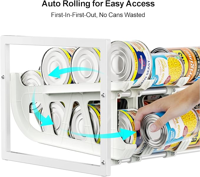 iSPECLE Pantry Can Organizer - Auto-Rolling, Expandable, Holds 120 Cans | White, Stackable For Walk-in Deep Pantry Shelve, Adjustable Width for Food Cans, Sturdy Metal Frame, Easy Access & Restocking
