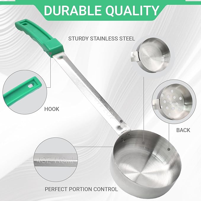 4PCS 4 oz Portion Control Serving Spoons,Measuring Ladle Scoops Food Utensils,Proportion Manage Slotted and Unslotted Scoops for Weight Loss/Kitchen(Green)