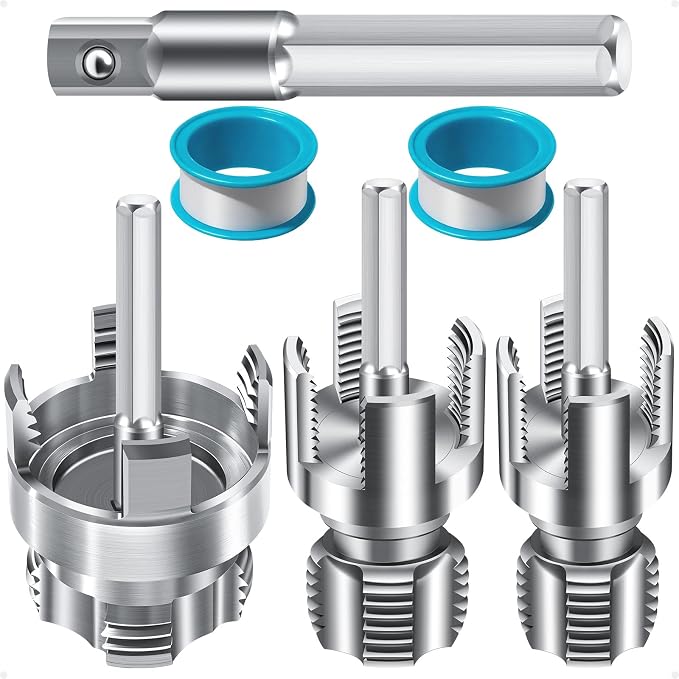 3-Piece PVC Pipe Threading Tool, 1/2, 3/4 and 1 Inch | Integrated internal and external pipe threader works with electric drills for PVC and plastic pipe repair.