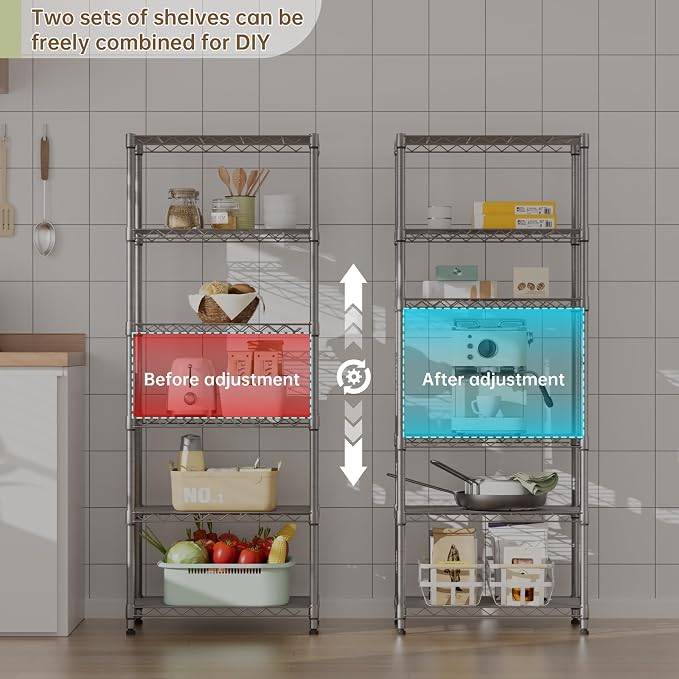 Golpart 6Tier Adjustable Storage Shelves Metal Wire Shelving Standing Shelf | Utility Heavy Duty Unit Rack Closet Organize for Home Kitchen Laundry Room Organization Pantry 12"Dx22"Wx69"H Grey