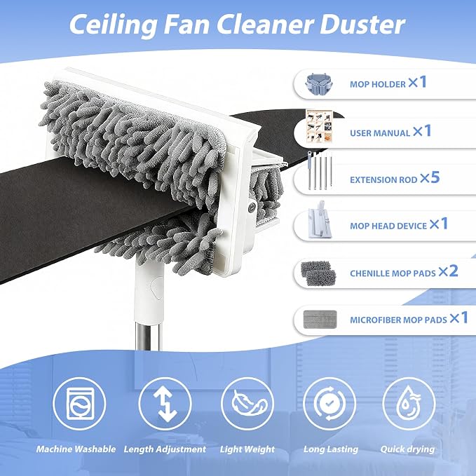 Ceiling Fan Cleaner Duster with 80'' Extendable Long Handle Pole - Microfiber Chenille Pads for Blades, Baseboards, Walls, Floors, Blinds & Cobwebs - Reusable & Washable