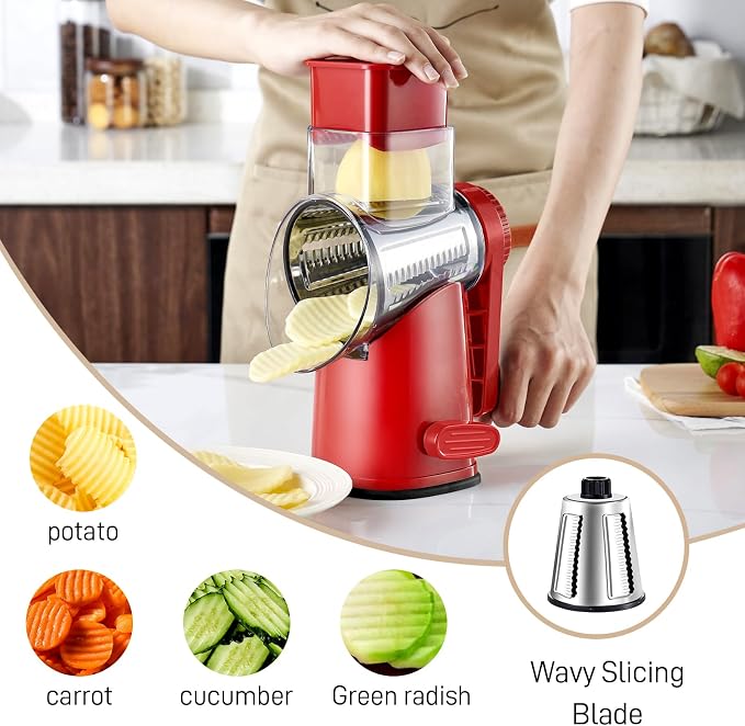 Weltonhm Rotary Cheese Grater with 4 Blades, Large Hand Crank Cheese Grater with Waffle Slicer, Black and White Cheese Slicer with Suction Base, Easier for Shredding& Grating (red, 4 Graters)