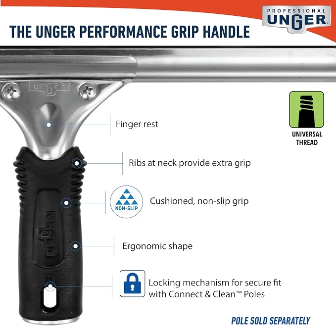 Unger Professional Connect & Clean Performance Squeegee for Glass & Window Care with Replacement Rubber,Heavy Duty Cleaning Supplies with Streak-Free Results,Handheld Cleaner Tool, 12 Inch(Pack of 10)