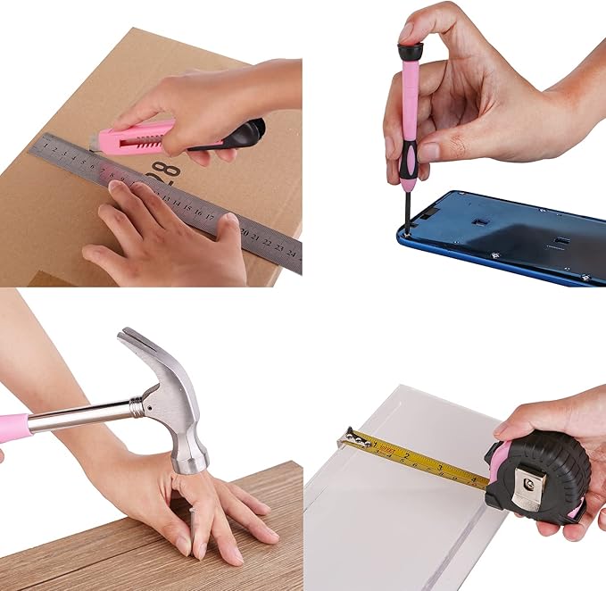 39 Piece All Purpose Basic Household Pink Tool Kit for Women - Small Tool Set with Toolbox Great for Home, Garage, Office and College Dormitory Use