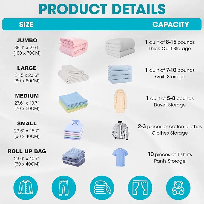 30 Pack Vacuum Storage Bags with Hand Pump, Compression Space Saver Vacuum Seal Bags 6 Jumbo/6 Large/6 Medium/6 Small/6 Roll Up Bags for Clothing Travel Comforters Blankets Pillows Bedding Duvets