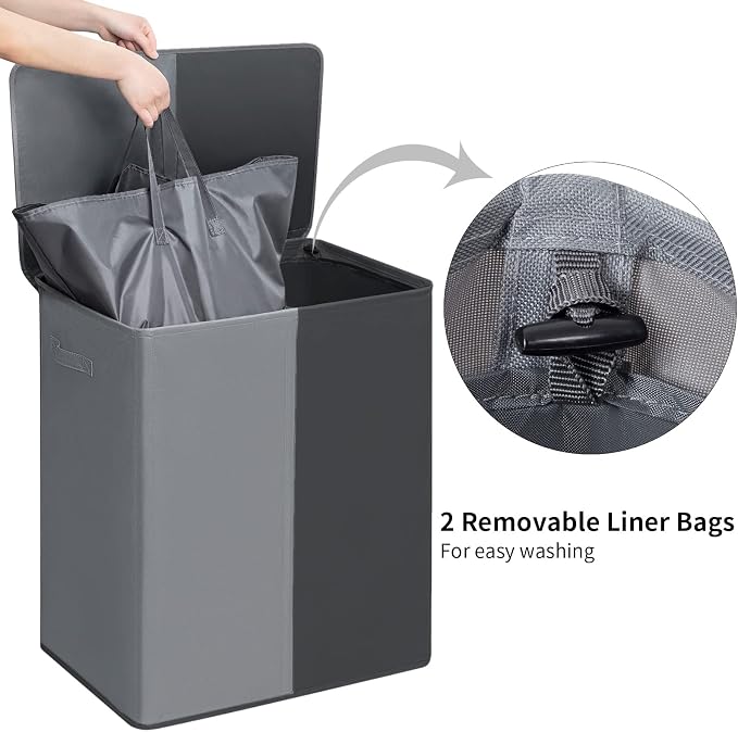 WOWLIVE Double Laundry Hamper with Lid, 154L Large Laundry Basket Organizer | Collapsible Dirty Clothes Hamper 2 Section, with Removable Laundry Bags for Laundry Room, College Dorm, Black and Grey