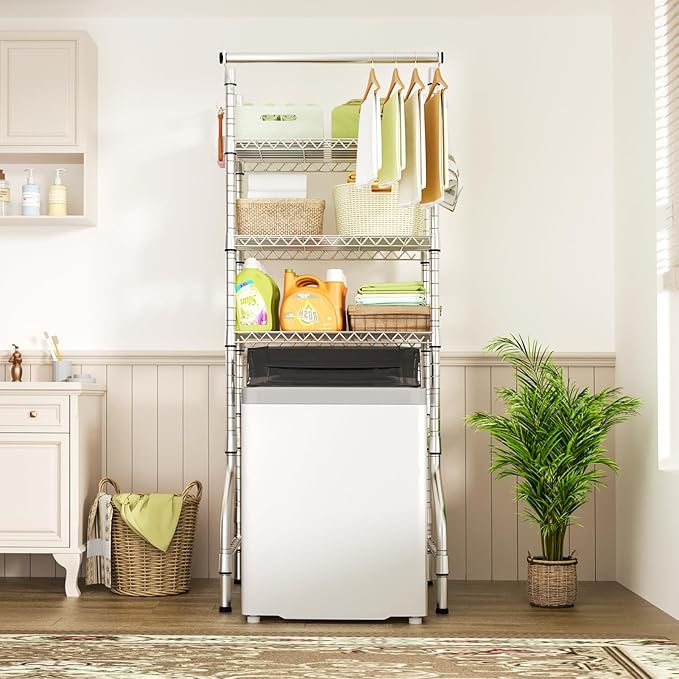 U11 Mini Over Washer and Dryer Shelves, 3 Tiers Laundry Room Storage and Organizer Standing Shelf, Metal Freestanding Clothes Drying Rack, 28.3" W x 19.7" D x 77.6" H, Chrome