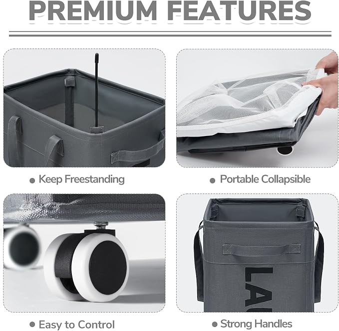 CHICVITA 75L Rolling Laundry Basket with Wheels 2-Pack, Wash Bags, Grey | Foldable slim-design laundry baskets for corner dorms. Large capacity with removable wash bags