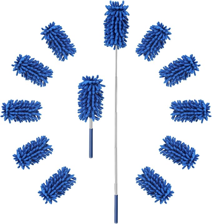 ZZ LAZYCOTTAGE 12 Pack Microfiber Dusters for Cleaning, High Duster with Extension Pole, Long Handled Feather Dusters, Household Cleaning Supplies for Ceiling, Car, Furniture, Fan, Sofas(Blue)